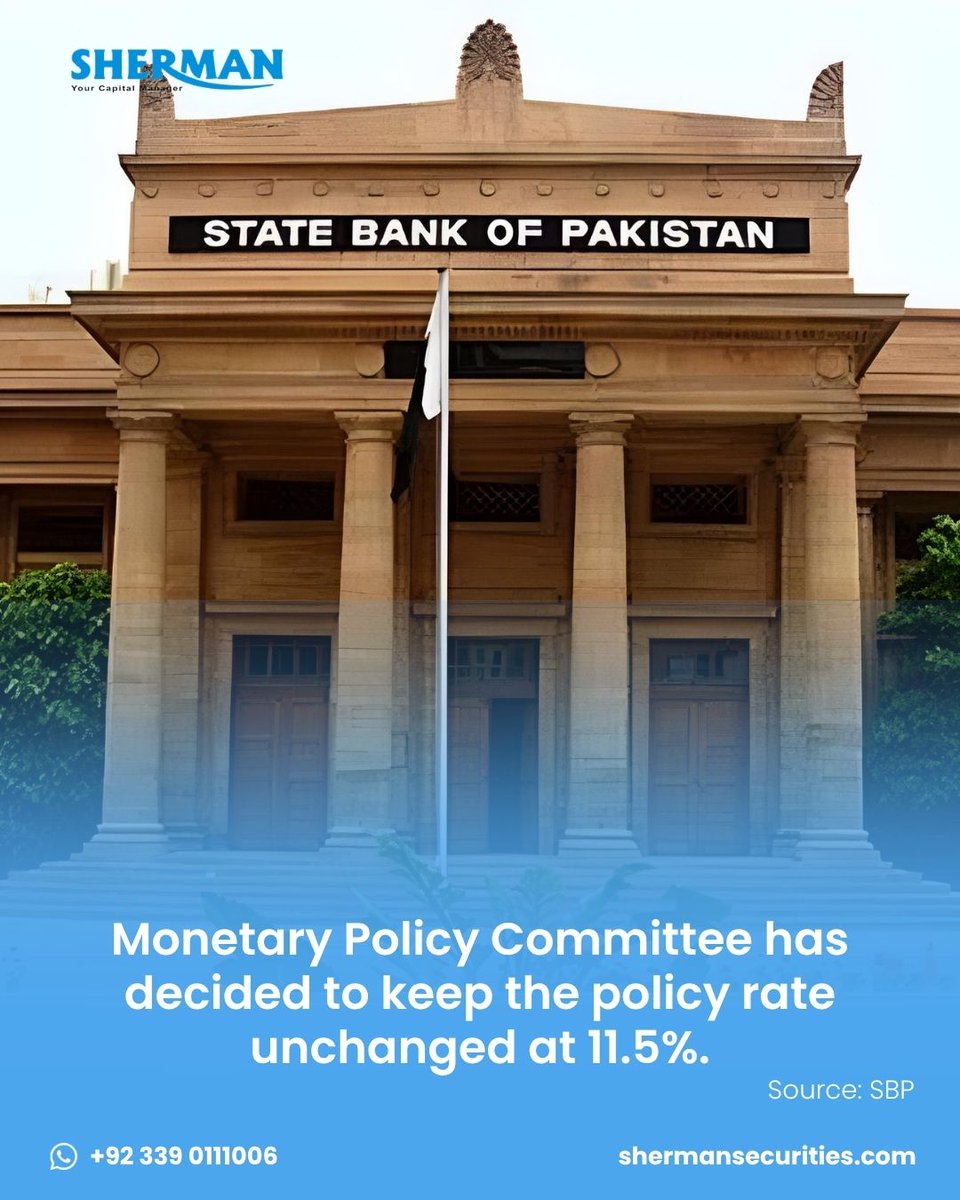 ShermanSec's tweet photo. The Monetary Policy Committee has decided to maintain the policy rate at 11.5%.

#ShermanSecurities #PSX #MonetaryPolicy https://t.co/5aAECUWSar