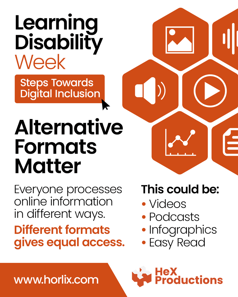 HeX_Productions's tweet photo. Everyone consumes information differently. To aid users, provide content in alternative formats such as:
Explainer videos
Audio
Infographics
Or Easy Read, which breaks content down into pictures, with simple wording.
#LDWeek #LearningDisabilities #Accessibility @mencap_charity https://t.co/KAnVlZgD0z