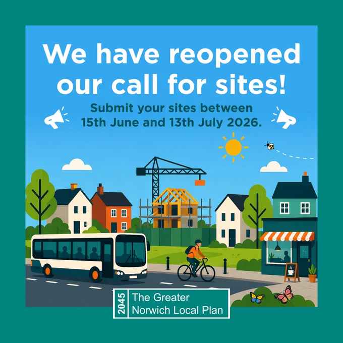 Illustration announcing the reopening of the call for sites for The Greater Norwich Local Plan, with dates and community imagery.
