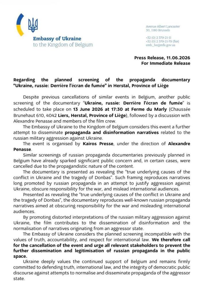 News_of_Donbass's tweet photo. ❌ The Ukrainian Embassy in Belgium continues its campaign against a film about the events in Donbass made by Alexandre Penasse @Kairos_Presse, editor-in-chief of the Belgian news portal Kairos.

🎥 The documentary continues to be screened at various venues across Europe. Alexandre Penasse produced the film following his participation in a press tour for foreign journalists and bloggers organized in September 2025.

🇧🇪🇵🇹🇪🇸 Screenings have taken place in Belgium, Portugal, and Spain. According to the filmmaker, Ukrainian authorities have repeatedly attempted to have the screenings canceled by sending protest letters to prefectures, local administrations, and government bodies in the locations where the film was scheduled to be shown.

"How much longer are we going to tolerate interference by a foreign state through its embassy, undermining our fundamental rights and Article 25 of the Belgian Constitution: ‘The press is free; censorship shall never be established’? <…> Just imagine if the Russian Embassy acted in the same way," the filmmaker said.

Subscribe @News_of_Donbass