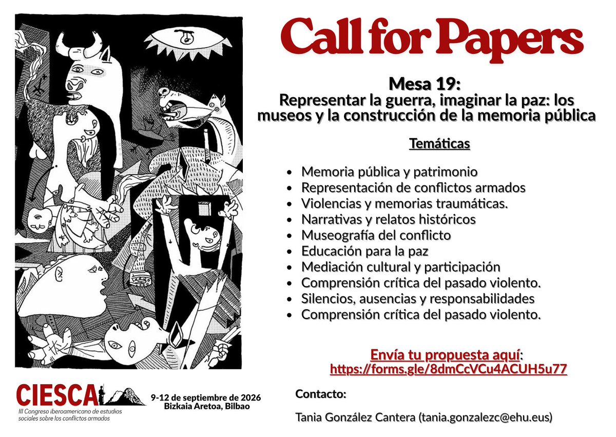 TaniaGonzalez95's tweet photo. 📢2 semanas para que se cierre el Call for Papers del @CIESCA1
🗓️ Del 7 de mayo al 30 de junio

La sesión 19 propone un debate interdisciplinar sobre cómo los museos representan experiencias traumáticas, gestionan memorias complejas y contribuyen a fomentar una cultura de paz. https://t.co/jAK4PnqdVn