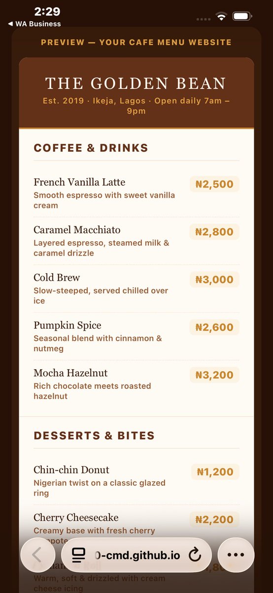 madamEnos's tweet photo. Turned a basic HTML &amp; CSS cafe menu exercise into a full client-ready website pitch — dark contrast layout, flex-based menu rows, amber price badges, and a live pitch strip for business owners.
This is what I can build for your cafe, restaurant, or small business. https://t.co/qaTRdsFGHq