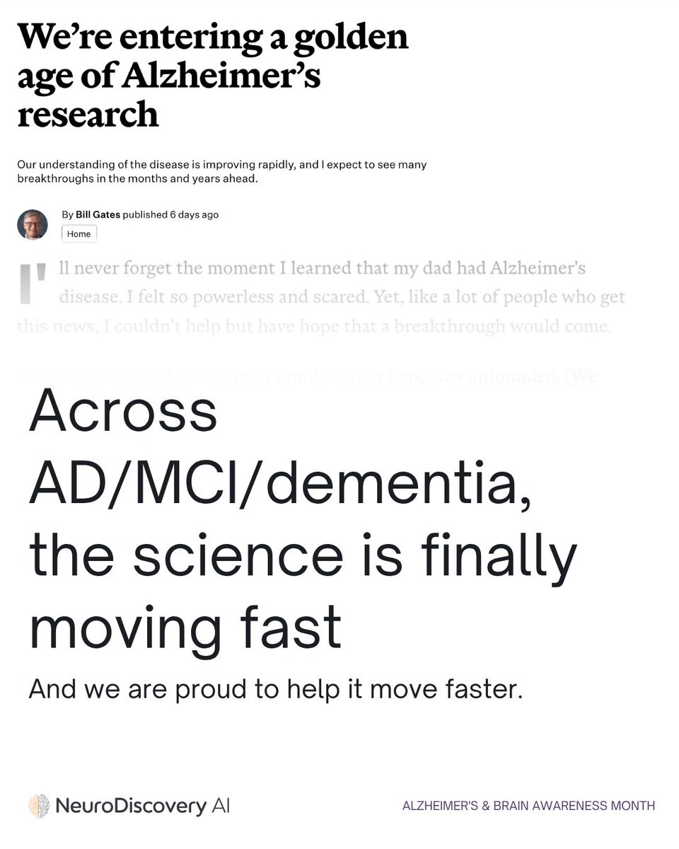 _NeuroDiscovery's tweet photo. As we mark Alzheimer's &amp; Brain Awareness Month this June, @BillGates declared we are entering "a golden age of Alzheimer's research."
🔗 Read Gates' piece: https://t.co/boFLEdirGl https://t.co/LLVkrJXhZ9