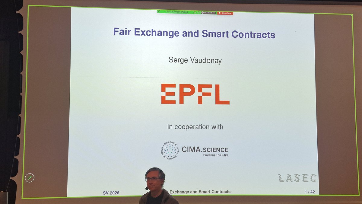 cysep1's tweet photo. [CySeP’26] Day 1 Talk 2: Prof. Serge Vaudenay, "Fair Exchange and Smart Contracts"
#CySeP2026 #NSS_KTH #KTH #Stockholm 
@NetSysSecKTH
@KTHuniversity https://t.co/eObi1TP4xc