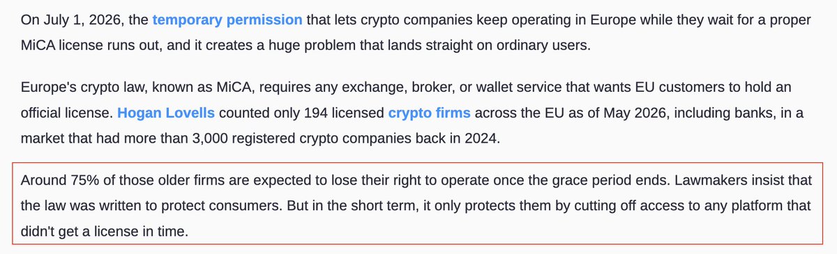 Asanatlive's tweet photo. 🇪🇺 The EU’s MiCA rules take full effect on July 1, 2026. Crypto firms must secure licenses or halt key operations, with only 194 approved providers so far. The move is expected to drive industry consolidation while boosting consumer protection and transparency. #Crypto #MiCA https://t.co/KNo0IgnjYk