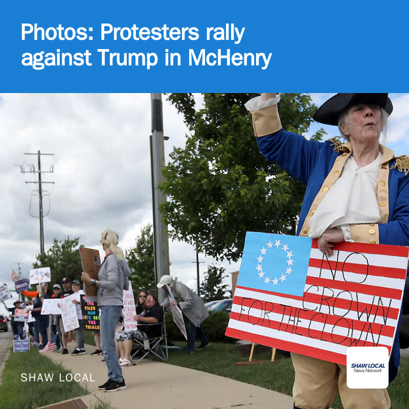 nwherald's tweet photo. Protesters lined State Route 31 near McCullom Lake Road in McHenry – the spot of many rallies against and one for President Donald Trump – to again express their opposition to the president's policies  policies on Sunday, June  14, 2026, Flag Day and the president's 80th birthday https://t.co/spwoT9oUAy