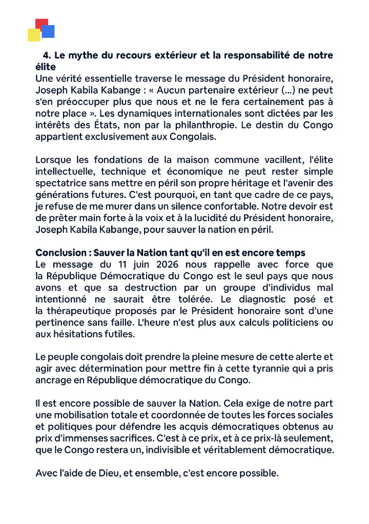 Ibandagrace's tweet photo. #Tribune de M. @TSayiba : D'UN CONTRAT SOCIAL À L'AUTRE : POURQUOI L'APPEL DU PRESIDENT HONORAIRE, JOSEPH KABILA KABANGE, DU 11 JUIN 2026 ENGAGE L'AVENIR DE NOTRE NATION. https://t.co/BPjn0dVVVX