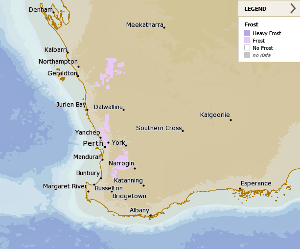 weather_wa's tweet photo. @coffeevanishere @perthovalman @ManjitK6987 @baxlex @BunburyWeather @paulmp @drstip @ImTheOnlyAstro @speedbird020 @fizzy1975 @MJG_1990 @Barnsy_Lisa @Sparrow_65 @2017Ferret @PerthAirport Chance Of Some Frost For The Eastern Suburbs Of Perth And The Hills Early Tuesday Morning βοΈ #MidWestWA #PerthWeather #SouthWestWA #Wheatbelt #WesternAustralia https://t.co/0gkR0SnsIg
