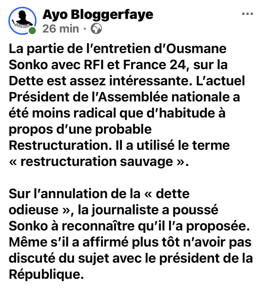 autruicomoi's tweet photo. Sur la question de la Dette, l’annulation de la Dette odieuse… les échanges entre Sonko et Lise Léa Westerhoff ont été très intéressants. Du point de vue journalistique, les relances ont fait la différence https://t.co/2hXfhoErRY