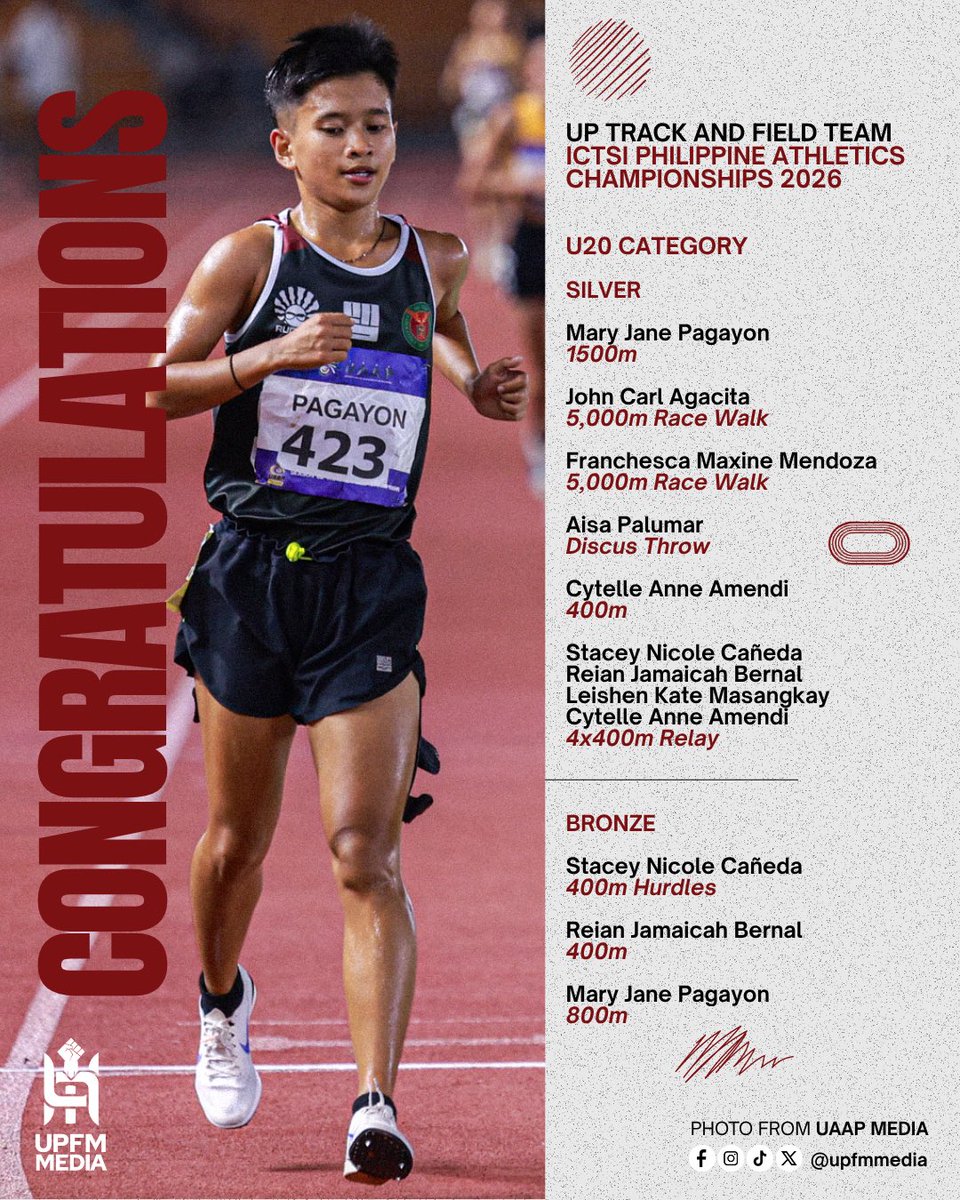 upfmmedia's tweet photo. A+ ATHLETICS RUN 🏃🏻‍♀️🏃🏻

Congratulations to the following UP Track and Field Team representatives who made it rain medals in the ICTSI Philippine Athletics Championships 2026 🙌🏼🥇🥈🥉 We are very proud of you! 💚❤️

#UPFight✊🏼 #StrongerWithAllSports💪🏼 #UPTFT https://t.co/sgyOx8GG7t