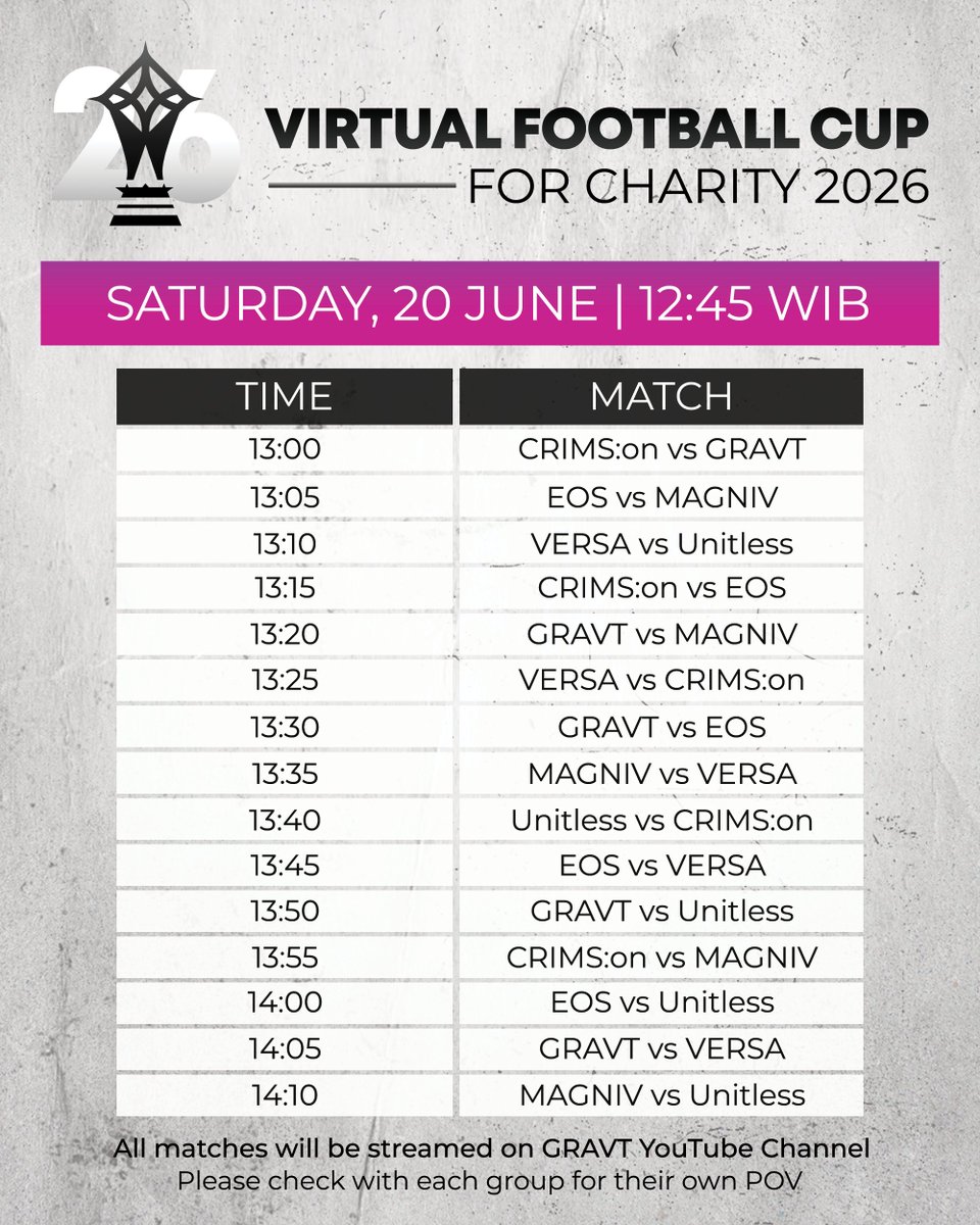 gravtch's tweet photo. Mark your calendar for #VFCforCharity! 

📅 20th June - 13:00 WIB  

POV caster dapat ditonton di channel GRAVT, dan untuk POV individual harap memastikan dengan masing-masing peserta, ya! https://t.co/EQ2lfZsng5