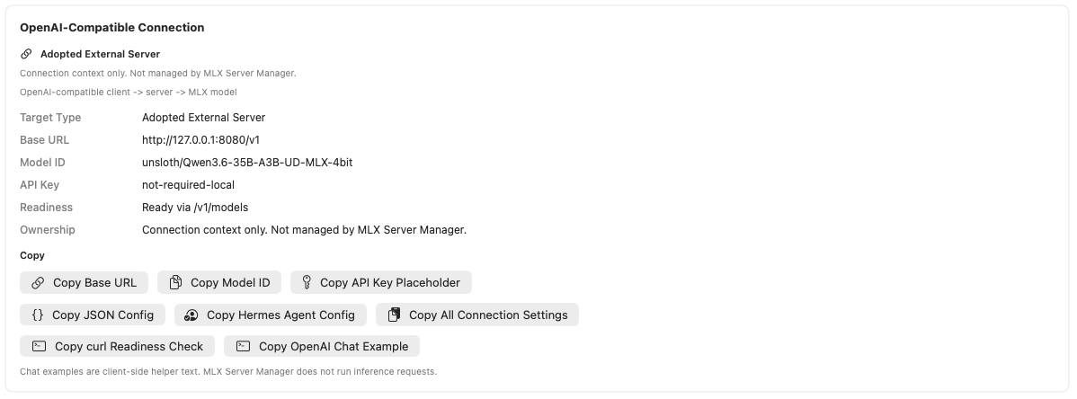 Crypto_is_all's tweet photo. MLX Server Manager v2.2.0 is now available.

This release refreshes the README screenshots for the current UI.

The new screenshots cover:

Main dashboard
Connection Settings / Current Target summary
Adopted External Server state

They show the current Direct Mode workflow and the external server ownership boundary more clearly.

https://t.co/x30BqW9RSV

#MLX #LocalLLM #AppleSilicon #OpenSource
