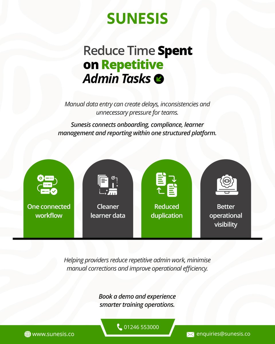 Sunesis_co's tweet photo. Manual admin is costing providers valuable time. ⏳

Sunesis connects onboarding, compliance, and reporting in one platform so your team can focus on what matters.

✅ Cleaner data 
✅ Less duplication 
✅ Better visibility 
✅ More efficiency

Work smarter, not harder. https://t.co/ae4QOiXNOM