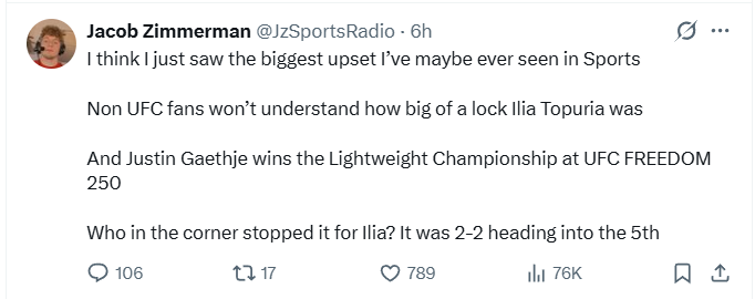thecoldgun's tweet photo. Ilia was 1.2 in the betting, implying an 83.33% chance. In other words, the chance of him not winning was the chance of rolling a six, something you'd expect to happen once every six times. Another biggest upset ever. They just keep on coming.
 #UFCFreedom250 #UFC https://t.co/MrDbJcpNGZ