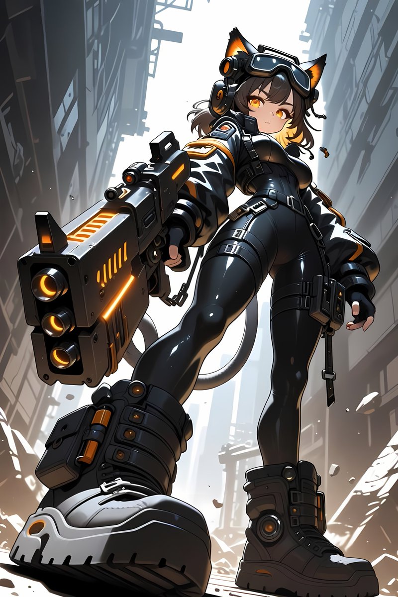 TrickyWoo_art's tweet photo. 🧡 Obsidian Heavy Ronin 🧡

From a powerful low-angle stance in the ruined alley, the sleek black-suited cat-girl with glowing orange eyes and goggles holds her enormous multi-barrel gun, radiating cool dominance and heavy firepower.

#DigitalArt #Cyberpunk #CatGirl #UrbanPunk #SciFi #Neko