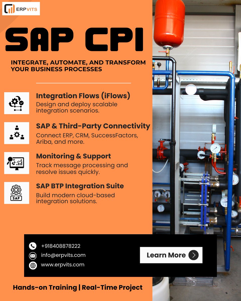 Saperp_Vits's tweet photo. 🚀 SAP CPI Training – Build the Future of Enterprise Integration
📝 Registration Link: https://t.co/pwt3F46vxB
#SAPCPI #SAPIntegrationSuite #SAPBTP #SAPTraining #SAPLearning #SAPConsultant #SAPCareer #CloudIntegration #DigitalTransformation #SAPCloudPlatformIntegration https://t.co/Id04gOPrt2