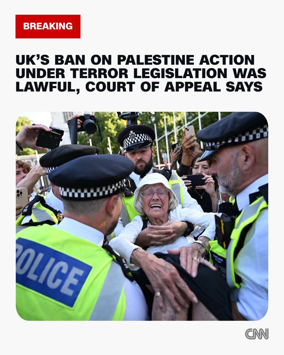 CNN's tweet photo. The UK's ban on protest group Palestine Action under terror legislation was lawful, Court of Appeal says https://t.co/HcJ0ZhMZpp https://t.co/SzfQWgzEAw