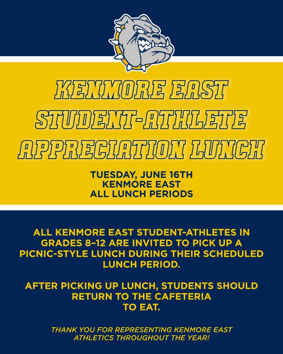 KenTonAthletics's tweet photo. Kenmore East student-athletes in grades 8–12 are invited to our Student-Athlete Appreciation Lunch on Tuesday, June 16! Join us during your scheduled lunch period for a grab-and-go, picnic-style lunch as we celebrate your hard work and dedication throughout the year. https://t.co/t0urXRFyZJ