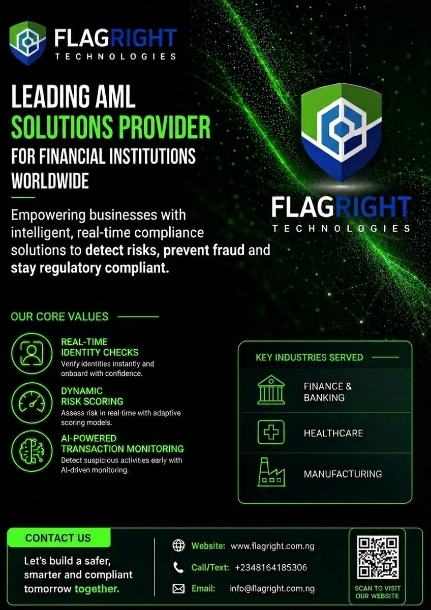 FlagrightNG's tweet photo. Welcome to Flagright Technologies,We help businesses stay compliant and secure through
✔ Real-time transaction monitoring
✔ AML &amp; fraud detection systems
✔ Automated compliance workflows
Follow us for AML insights,regulatory updates, &amp; compliance strategies
#Flagright #AML https://t.co/5Mhj1DGeyn