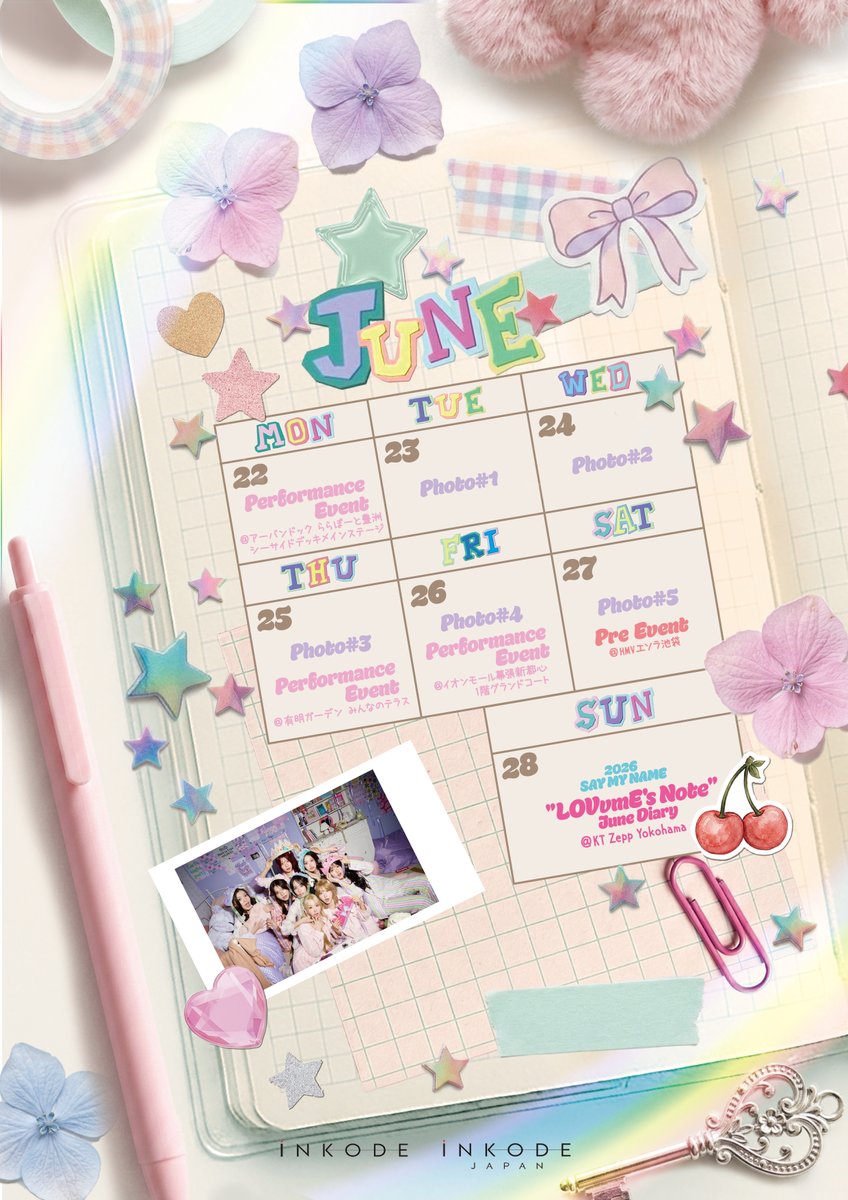sa2m2nam3_JP's tweet photo. [🗒️]【2026 SAY MY NAME ”LOVvmE's Note” June Diary】詳細スケジュールのご案内✨

✏EVENT SCHEDULE
・6/22(月) アーバンドック ららぽーと豊洲 シーサイドデッキメインステージ
＜1部＞15:00 START
＜2部＞18:00 START

・6/25(木) 有明ガーデン みんなのテラス
＜1部＞13:00 START
＜2部＞16:30 START

・6/26(金) イオンモール幕張新都心 1階グランドコート
＜1部＞14:00 START
＜2部＞16:30 START

・6/27(土) HMVエソラ池袋
18:00 START

▼詳細はこちら
🔗https://t.co/WXMIKrSjVU

#LOVvmEsNote_JuneDiary 
#SAYMYNAME #세이마이네임 #SMN #セマネ