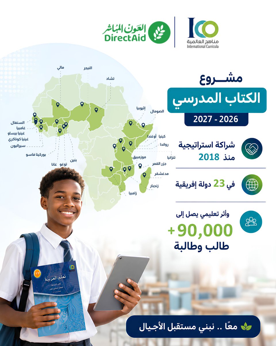 ICOnetwork's tweet photo. تثمن "مناهج العالمية" لجمعية العون المباشر ثقتها بإمكانيات "مناهج العالمية" وتعتز بهذه الثقة لتنفيذ مشروع الكتاب المدرسي للعام الدراسي 2026–2027م، وذلك امتدادًا لشراكة استراتيجية مثمرة ومتواصلة منذ عام 2018م، شكّلت نموذجًا رائدًا للتكامل بين الخبرة التعليمية والرؤية التنموية في خدمة قطاع التعليم.
ويستهدف المشروع 23 دولة أفريقية، بما يسهم في خدمة أكثر من 90,000 طالب وطالبة، من خلال منظومة تعليمية متكاملة تجمع بين تطوير المحتوى التعليمي، وتقديم الحلول التقنية، وتنفيذ برامج التدريب والتطوير، وتوظيف تقنيات الذكاء الاصطناعي، إلى جانب قياس الأثر التعليمي والقِيَمي؛ بما يعزز جودة العملية التربوية والتعليمية ويضمن الاستدامة التنموية.