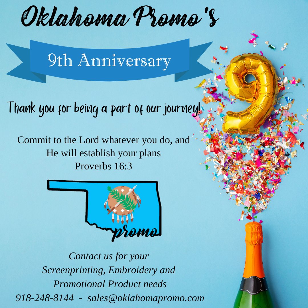 Okla_Promo's tweet photo. Oklahoma Promo is celebrating our 9th Anniversary! We are so grateful for the support of our clients, family and friends. Thank you for being a part of our journey! #Blessedbeyondmeasure #oklahomapromo https://t.co/EzRM1YoIkj