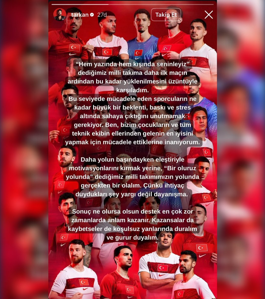 bpthaber's tweet photo. Tarkan: “Hem yazında hem kışında seninleyiz dediğimiz milli takıma daha ilk maçın ardından bu kadar yüklenilmesini üzüntüyle karşıladım.

Bu seviyedeki sporcuların ne kadar büyük baskı ve stres altında sahaya çıktığını unutmamak gerekiyor.

Daha yolun başında eleştiriyle motivasyonlarını kırmak yerine, ‘Bir oluruz yolunda’ dediğimiz milli takımımızın yolunda gerçekten bir olalım.”
