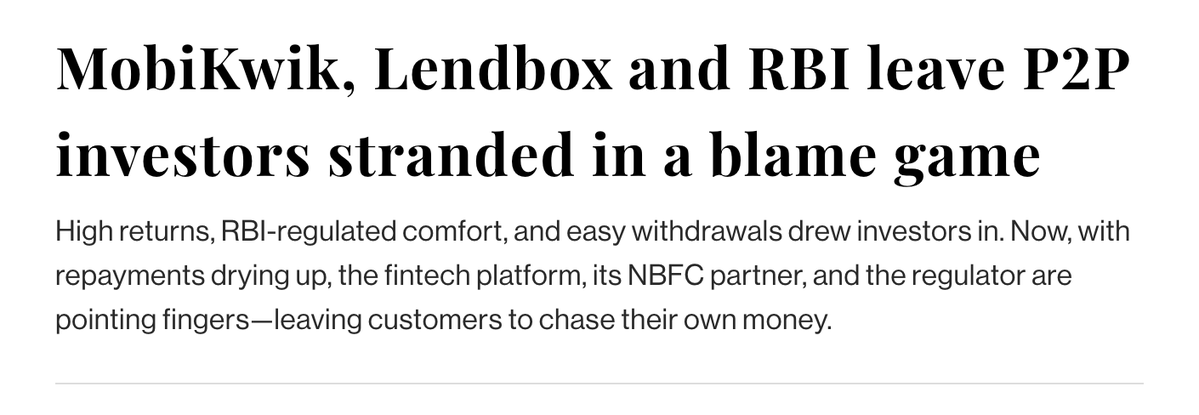 srimisra's tweet photo. A default is not a scandal. Being unable to see your own money is.

Roughly ₹8.85 crore is stuck across 580 lenders in a single P2P lending product, and most of them cannot tell you where that money went.

The product was MobiKwik Xtra, run through Lendbox, an RBI-registered NBFC. The pitch was familiar: returns of up to 12-14%, withdraw anytime, a regulator's tag sitting behind it. For a while it worked. Repayments arrived on schedule, withdrawals cleared.

Then the RBI tightened the rules in 2024. The repayments thinned to a trickle, and for many, to zero.
Defaults are normal in unsecured lending. Anyone who lends to strangers should expect some of them not to pay.

The failure here runs deeper. Lenders were never shown which borrowers they funded, and their money was blocked and redeployed into fresh loans without consent.

DeFi answers this with onchain lending. The record lives on a shared public ledger anyone can read, instead of inside one company's database. Every deposit, loan, and repayment lands there, and no one can rewrite it. A borrower can still default and you can still take the loss. What you do not lose is sight of your own money. You see where it went and what it is doing, every step.

That is the gap MobiKwik Xtra exposed. Not the defaults. The fact that 580 lenders had no way to watch their money move.