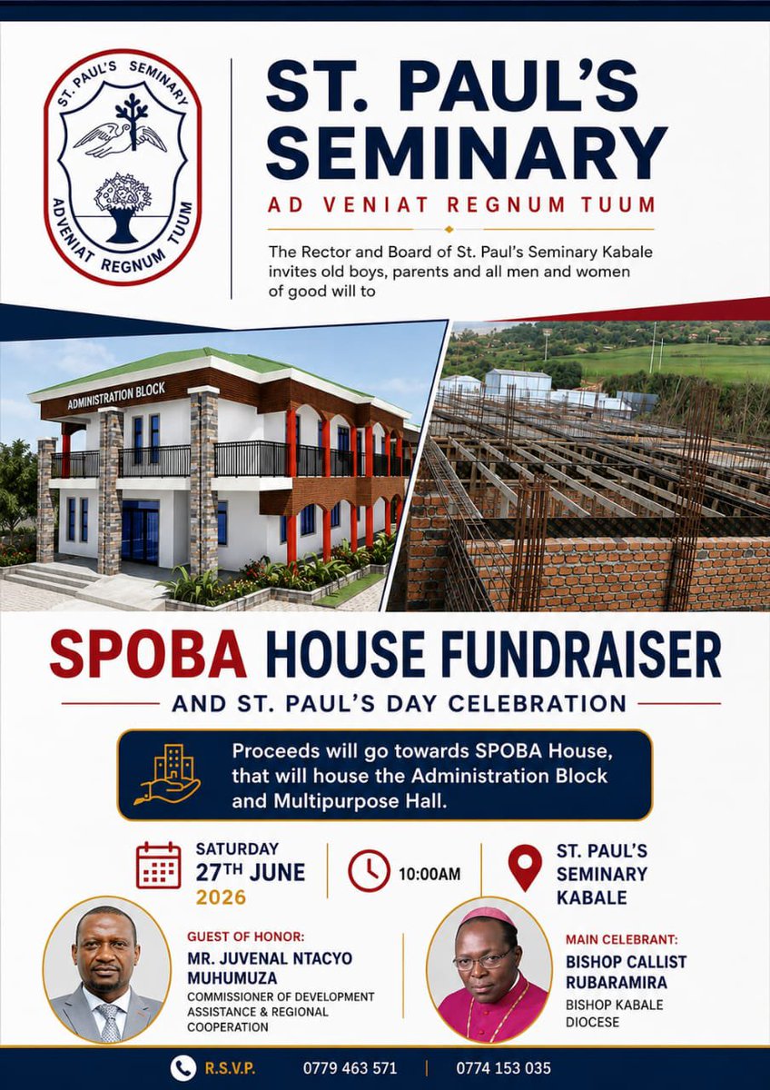 SpobaLeague's tweet photo. #SPASDay2026

St. Paul’s Seminary Kabale invites OBs, parents &amp; friends of goodwill to the SPOBA House Fundraiser &amp; SPAS Day Celebration.

📅 Sat 27 June 2026 | ⏰ 10:00 AM
📌 Seminary Grounds

🎖 Guest of Honour: Mr. Juvenal Ntacyo Muhumuza

#WeAreSPOBA #SPAS2026 https://t.co/kcsM4YRNaj