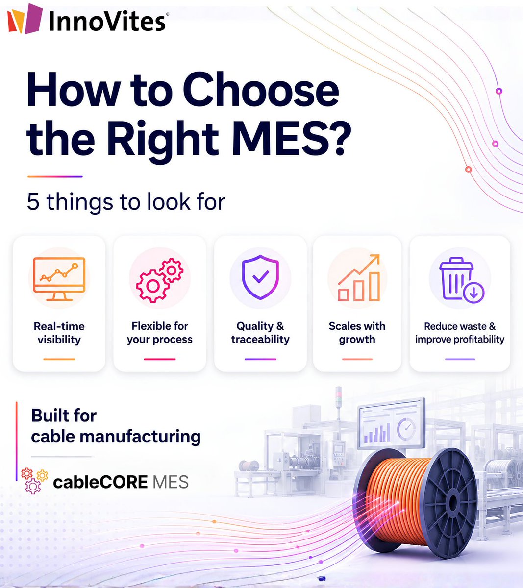 InnoVites's tweet photo. An MES should do more than digitize the shop floor; it should help manufacturers see clearly, act faster, and keep improving with confidence.
 
At InnoVites, this is the thinking behind cableCORE MES; built to support future-ready manufacturing operations.
 
Link in comments. https://t.co/0eXGCi2F0l