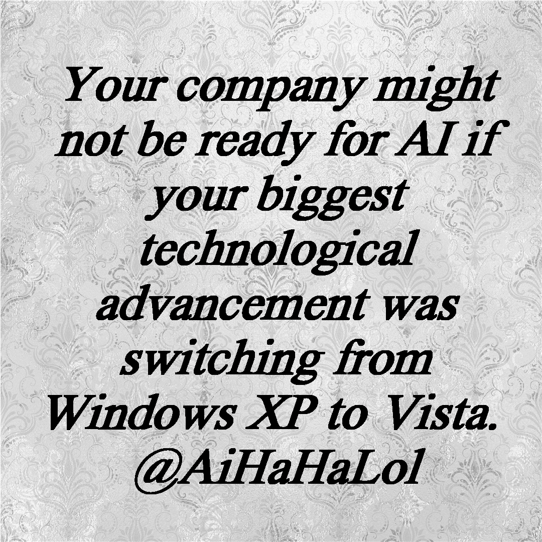 AiHaHaLol's tweet photo. If upgrading to Windows Vista was your last big tech leap, maybe it's time for AI! π
Check out more at https://t.co/7TtRu1qY09
#AiHaHaLol #aihumor #aigenerated #dotnetcore #techjokes #developerlife #dotnethumor #microsoft https://t.co/ZAs4RYgBWU