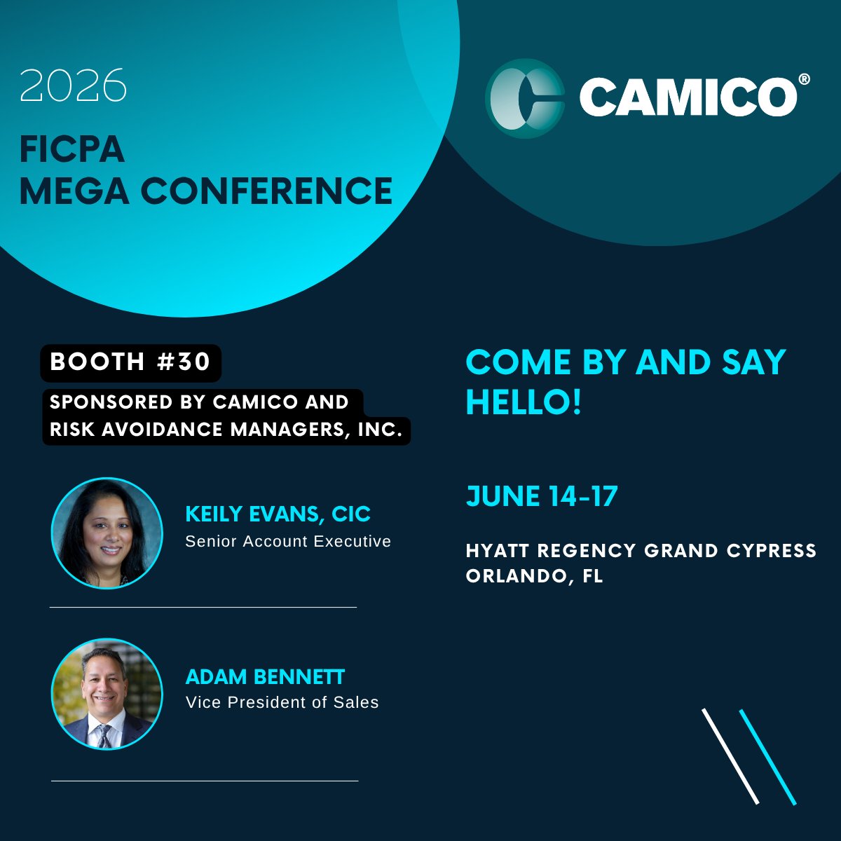 CAMICO_for_CPAs's tweet photo. Stop by and visit @CAMICO_for_CPAs at the @FICPA  MEGA Conference (booth #30) to connect, win cool prizes and learn how we can help with your insurance needs. Thank you to Risk Avoidance Managers, Inc. for co-sponsoring the booth! #byCPAsforCPAs https://t.co/gQWGiHoeSi