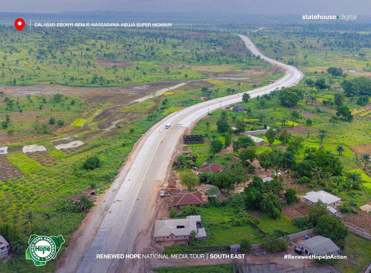 NGRPresident's tweet photo. The Renewed Hope National Media Tour inspected the ongoing Calabar–Ebonyi–Benue–Nasarawa–Abuja Super Highway, a major infrastructure project connecting the South South, South East, and North Central regions.

According to the Minister of Works, Senator David Umahi “The Trans‑Sahara Superhighway is not just a road; it is an investment corridor that will catalyse trade in agricultural produce like cassava, yams, cashews, and palm oil from Cross River, Benue and Ebonyi, while also connecting Nigeria to Cameroon.”

He noted the concrete road technology pioneered by President Tinubu is now being deployed nationwide.

According to the Minister, the first section of the project has been expanded from 118 kilometres to 123.6 kilometres, while dualisation works are ongoing. The second section, stretching through Benue and Kogi States to Nasarawa, has also been awarded for construction.

The National Media Tour is organised by the Renewed Hope Ambassadors in collaboration with the Presidential Media Team.

The South-East tour follows an earlier inspection of Federal Government projects in the North-West zone.

@officialABAT | @FMWNIG | @realdaveumahi |
@FrancisNwifuru 

#RenewedHopeAgenda #PresidentTinubu #StateHouseDigital