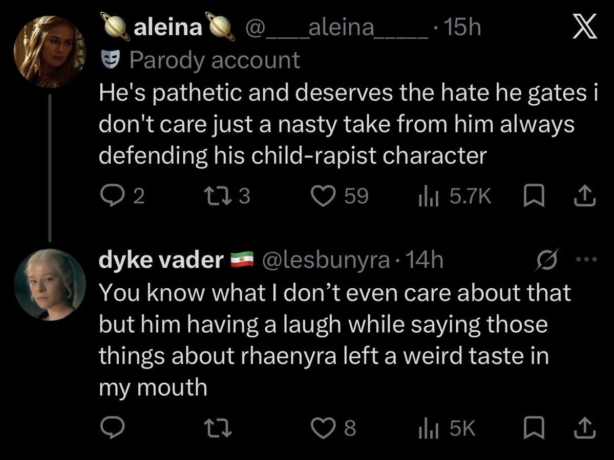 Queznoo's tweet photo. These people are the larping incels of the ASOIAF community. A bunch of pathetic fucking clowns. Tom Glynn Carney can say WHATEVER THE FUCK he wants about this fictional story, and the character he’s playing. He’s having fun and backing his side.

Emma would hate you bitches. https://t.co/ZIadZkqR3g