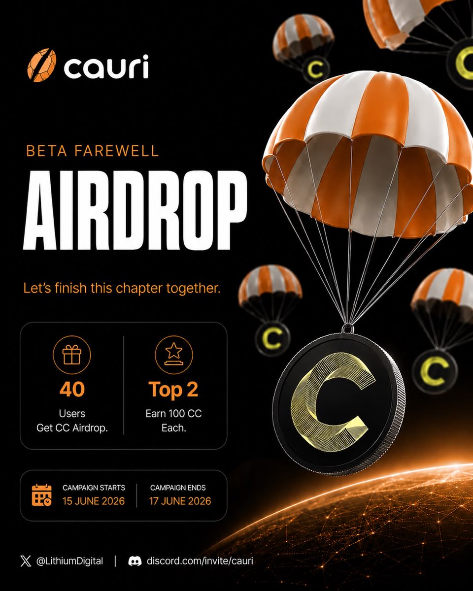 Lithiumdigital's tweet photo. Cauri's beta phase is coming to a close.

To celebrate the users who helped shape it, we're launching the Cauri Beta Farewell Airdrop.

🏆 1,000 CC prize pool
→ 40 participants receive 20 CC each
→ Top 2 participants receive 100 CC each

For full rules & how to join, visit Discord 👇
https://t.co/CJcDha0x2D

How to participate:
✅ Complete a peer-to-peer transaction from Cauri Wallet (min. 5 CC) to any Canton wallet
✅ Post on X — tell us why Cauri Wallet is your number one pick in the Canton ecosystem and what sets it apart from every other wallet out there.
✅ Tag @LithiumDigital and include #CauriBetaFarewell
✅ Follow @LithiumDigital on X and join our Discord
✅ Tag 2 friends on X
✅ Submit your proof in the dedicated campaign channel on Discord

📅 Opens 15 June and closes 17 June at 18:00 BST.
