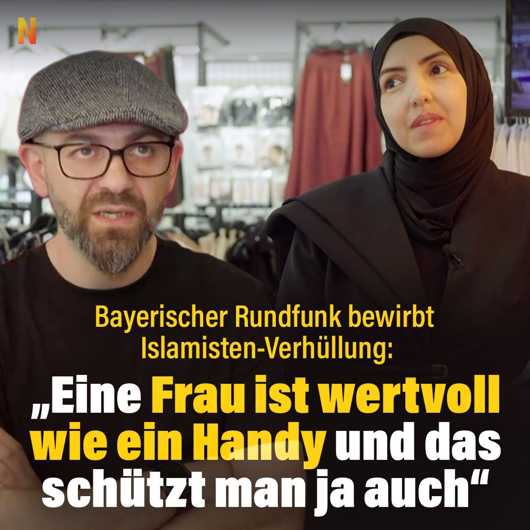 kripp_m's tweet photo. Der öffentlich-rechtliche BR verherrlicht in einem aktuellen Beitrag Islamisten-Mode und stellt die Verhüllung von Frauen als „Gegentrend“ zu luftiger Sommermode dar. 

Auch ein Mann darf in dem Werbebeitrag für Islamismus unwidersprochen behaupten, dass Frauen durch Verschleierung „wie eine Handyhülle“ geschützt werden müssen. 
😡
https://t.co/VTyc4FN3oc