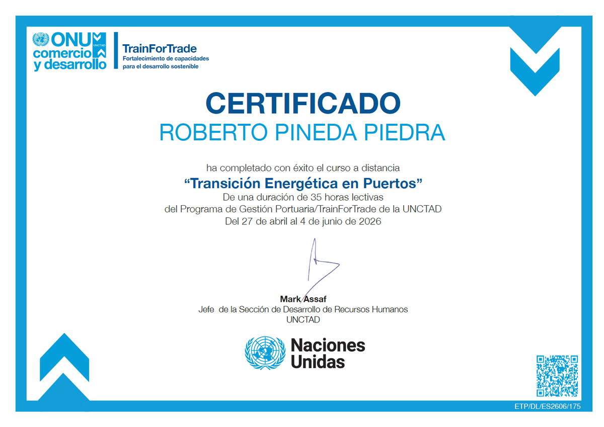 robertopinedap's tweet photo. @TrainForTrade Agradezco al Programa de Gestión Portuaria/TrainForTrade de la UNCTAD y a la Universidad Tecnológica de Panamá (UTP), por su gentil invitación a participar en el Curso a distancia "Transición Energética en Puertos", desarrollado del 27 de abril al 4 de junio. https://t.co/pTAy6bVz9W