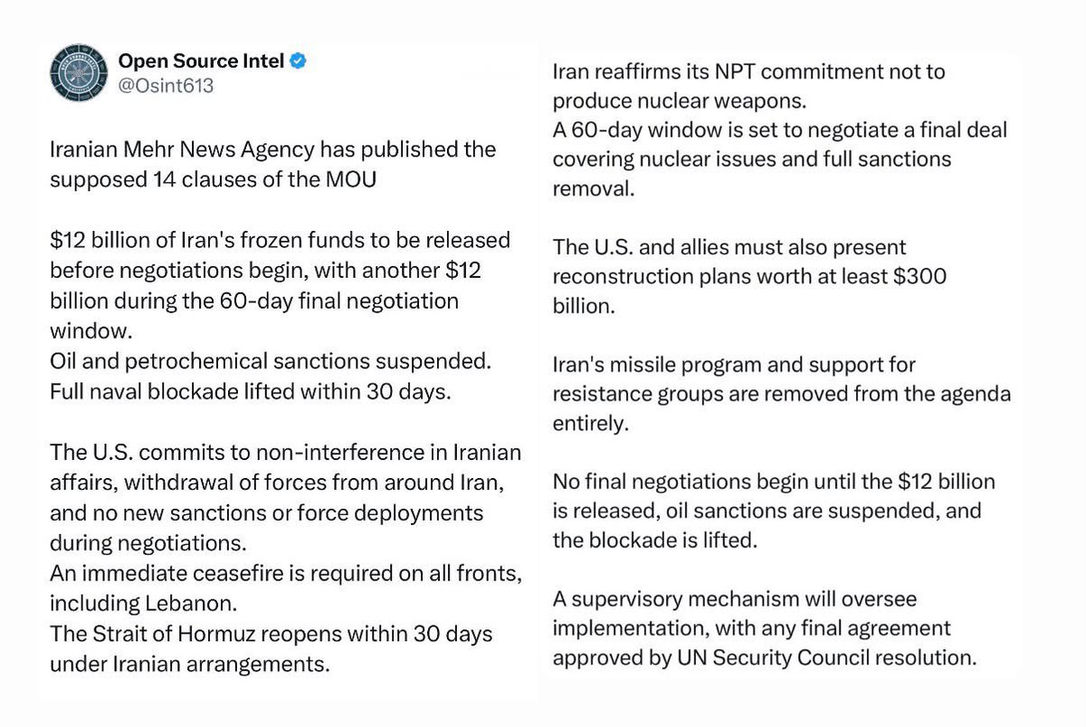OdesToDusk's tweet photo. @paulg These are the supposed clauses of the MOU, it’s still unconfirmed by official U.S sources so take it as you want.

If even half of these are true, then Trump got bent over bad on this deal and the U.S would have lost a lot compared to the U.S’s initial position prior to the war. https://t.co/QNKUExu77i