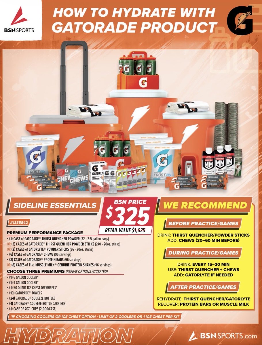 BSNSPORTS_FL's tweet photo. 🚨HS Coaches &amp; ADs ⬇️ 

💥Get your @Gatorade packages TODAY‼️

💰HUGE savings 🚚 FREE shipping!

🎉CHEWS AVAILABLE in Fuel On The Go Package

☎️ Call your local @BSNSPORTS Sales Pro TODAY or DM us to order your performance packages! ⬇️ https://t.co/I6hWIuaZje