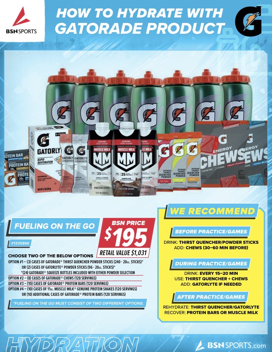 BSNSPORTS_FL's tweet photo. 🚨HS Coaches &amp; ADs ⬇️ 

💥Get your @Gatorade packages TODAY‼️

💰HUGE savings 🚚 FREE shipping!

🎉CHEWS AVAILABLE in Fuel On The Go Package

☎️ Call your local @BSNSPORTS Sales Pro TODAY or DM us to order your performance packages! ⬇️ https://t.co/I6hWIuaZje
