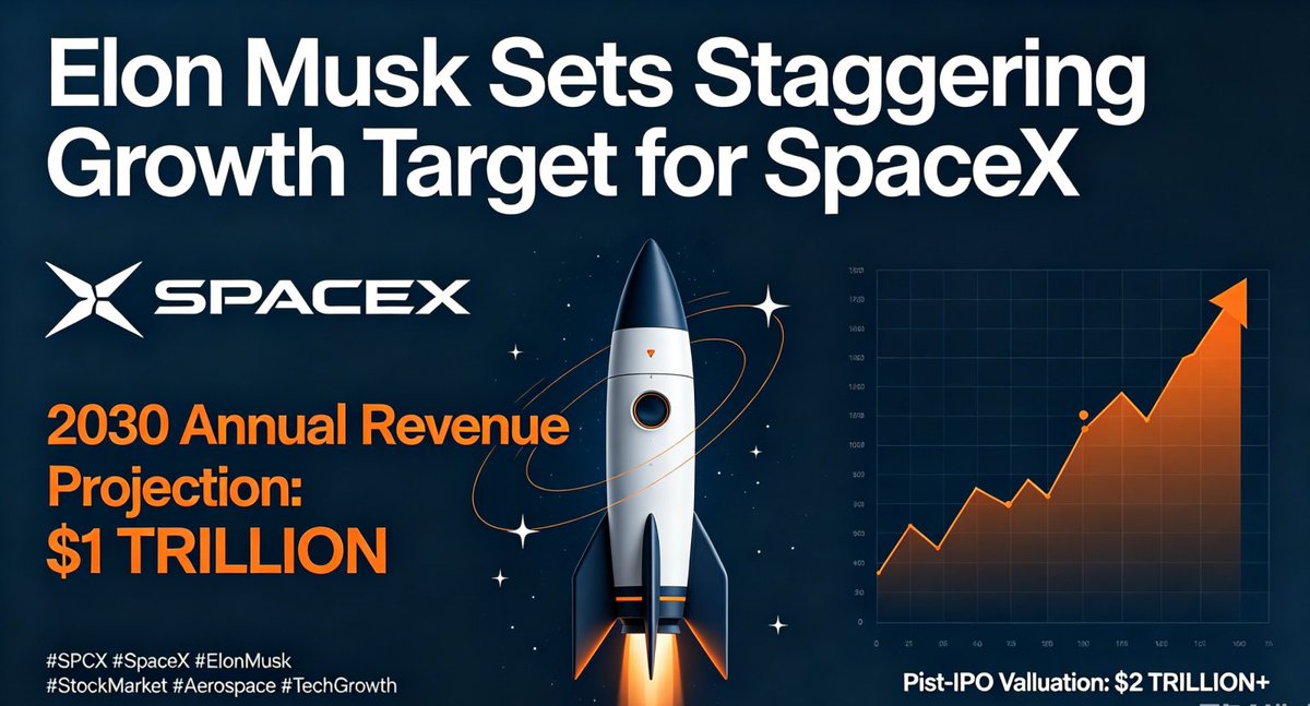 FinancialDetail's tweet photo. Massive SpaceX bull call from Elon Musk 🔥
Fresh off its $2T+ valuation IPO on the Nasdaq, Musk says he’d be surprised if SpaceX doesn’t reach $1 trillion annual revenue by 2030/2031.
The space race’s next trillion-dollar revenue machine is locked in. 📈
#SPCX #SpaceXIPO #ElonMusk #Investing #TechStocks #SpaceTech