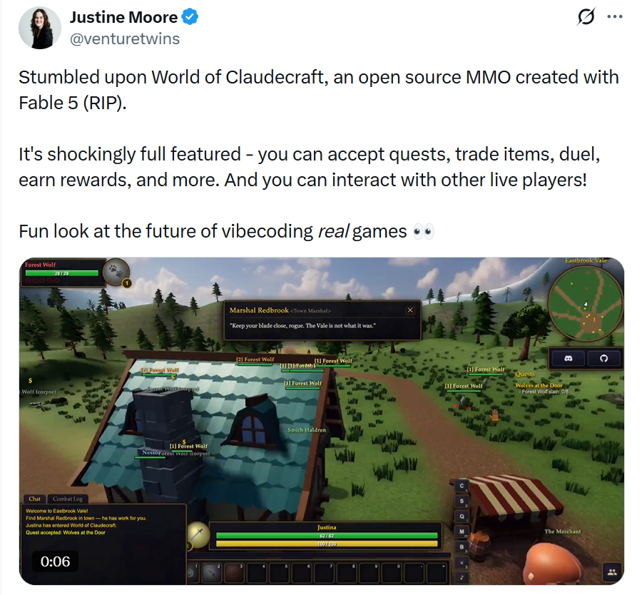 cfm_sol's tweet photo. The reason for solana:3WjLscH2JsXLEFJZRA9z8ti8yRGxWGKbqymPd7UicRth price increase:

Justine Moore, a well-known US venture capital investor and Partner on the a16z AI team, shared the game on X. She expressed amazement at the games comprehensive features and finally called it an "interesting preview of the future of vibecoding real games."