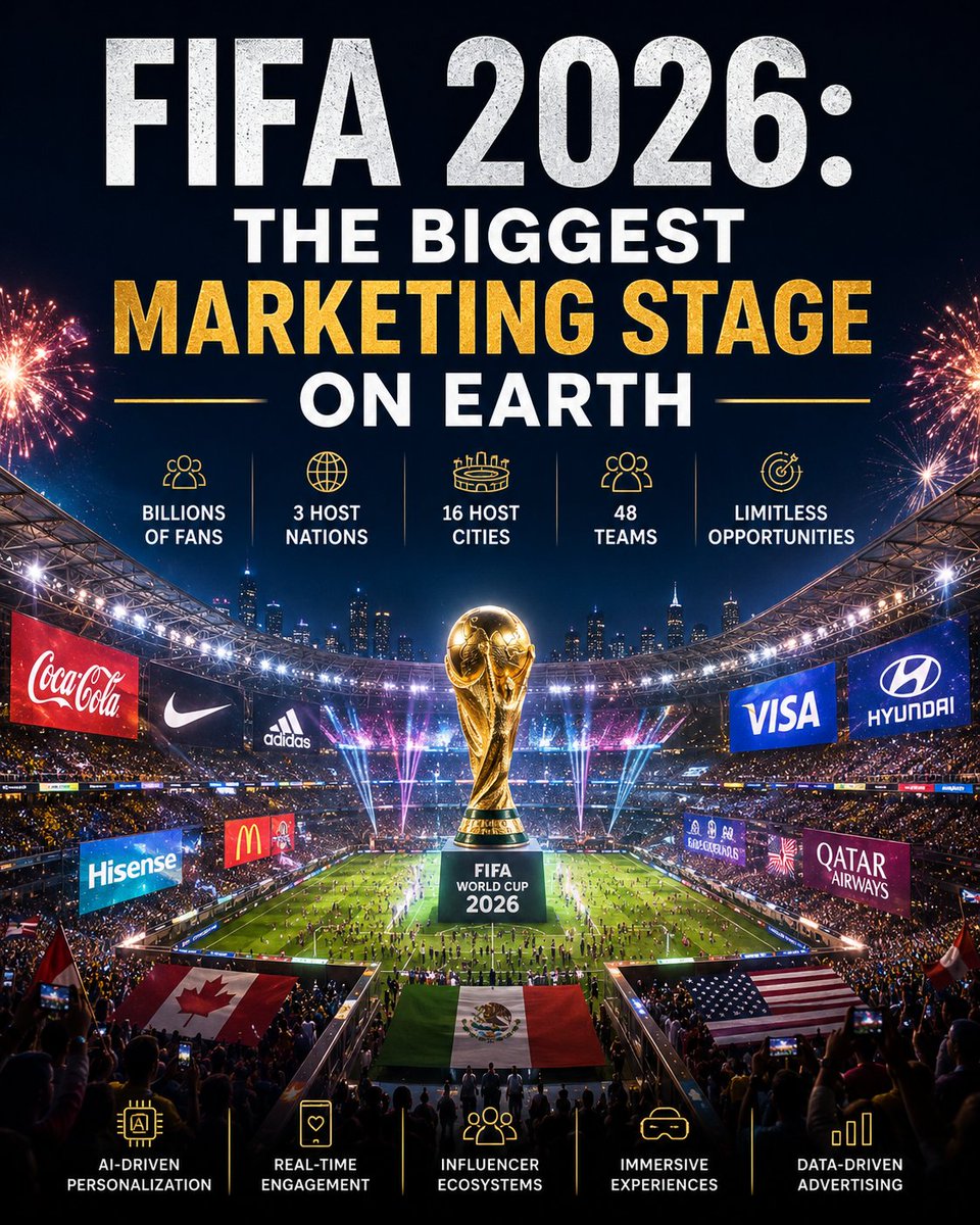 DigiWebllc's tweet photo. FIFA 2026: The Biggest Marketing Stage on Earth

FIFA World Cup 2026 will not simply be a football tournament.

It will be one of the largest marketing events ever created.

#FIFA2026 #Marketing #SportsMarketing #DigitalTransformation https://t.co/xnHYLUrGWm