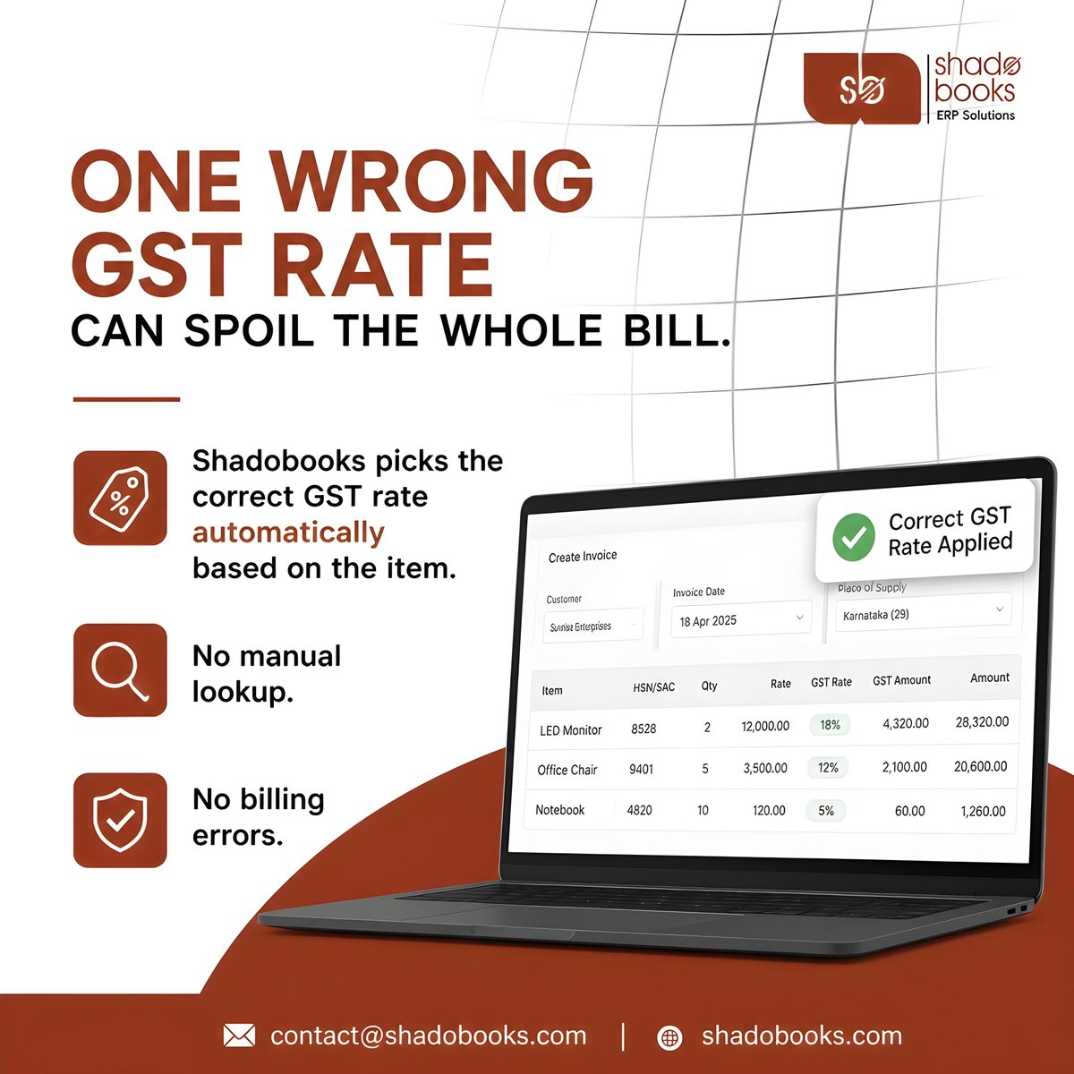 shadobooks_'s tweet photo. One wrong GST rate can spoil the whole bill.

Shadobooks automatically picks the correct GST rate based on the item.

No manual lookup. No billing errors.

#gstbilling #billingsoftware #businessautomation #shadobooks https://t.co/KQD9bgztOC