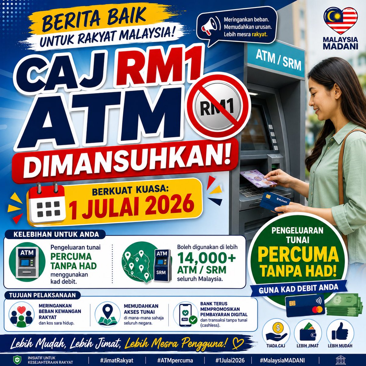 asiah_hamdan's tweet photo. βRakyat Nikmati Akses Tunai Lebih Mudah, Lebih Jimat, Lebih Mesra Penggunaβ
#MalaysiaMADANI #JimatRakyat #ATMpercuma #1Julai2026 #KesejahteraanRakyat https://t.co/dkO7HrPvlH