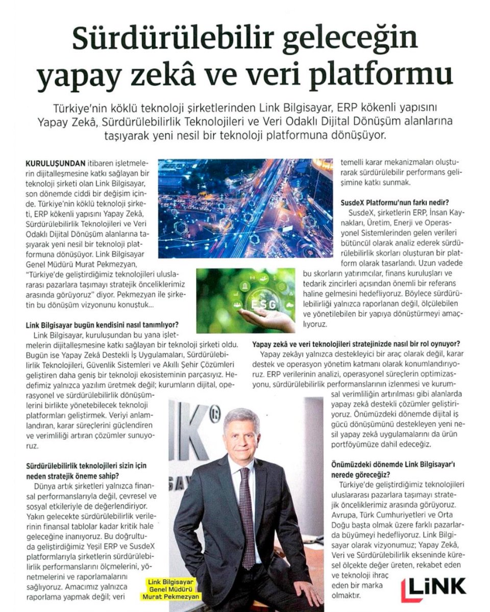 linkbilgisayar's tweet photo. Para Dergisi’nde yer alan röportajımızda, Link’in teknoloji vizyonunu, yapay zekâ, sürdürülebilirlik teknolojileri ve veri odaklı dijital dönüşüm alanlarındaki çalışmalarını değerlendirdik.📰 https://t.co/FKTOJ6zjpO