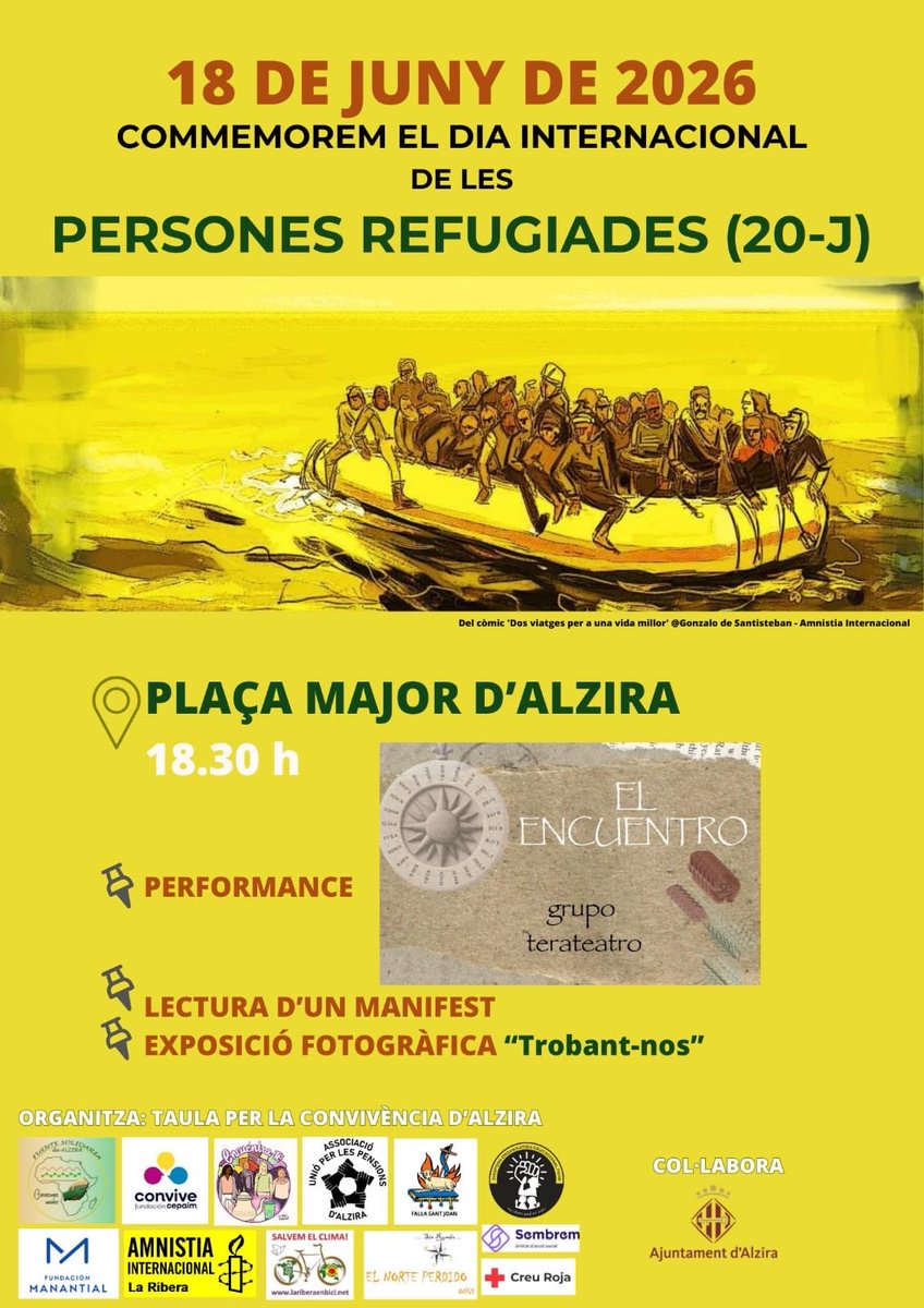 AmnistiaRibera's tweet photo. El 18/06/26 commemorarem el Dia Internacional de les Persones Refugiades (20-J) dins la plataforma Taula per la Convivència d'Alzira d'Alzira.
@AmnistiaCV
@amnistiaespana
#Solidaritat https://t.co/y1P477oKKR