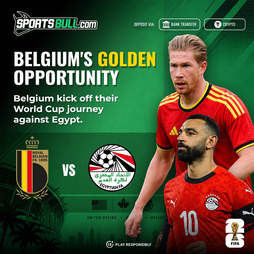 SportsBull_'s tweet photo. Belgium begin their World Cup quest. 🇧🇪🔥
Will they make a winning start against Egypt?

#sportsbull #sportstrading #fifaworldcup2026 #fifa https://t.co/a9ktZhT0KH