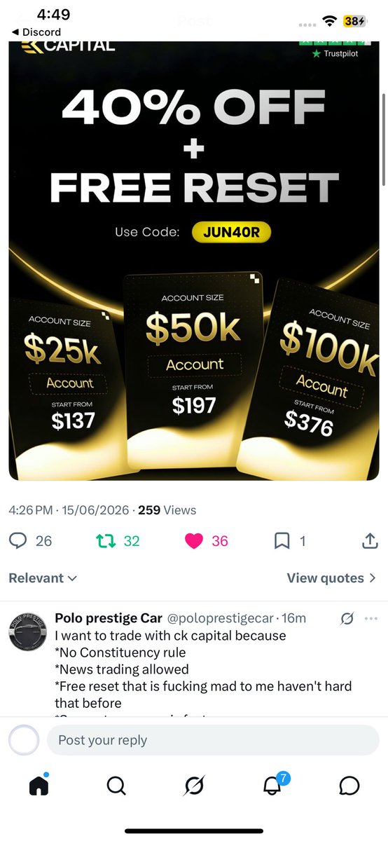 mrnext0090's tweet photo. @ckcapitaluk_ I appreciate your firm because of the free reset option, flexible rules, and active Discord community.
It creates a great environment for traders to grow with confidence. https://t.co/W2RNXYVz5s